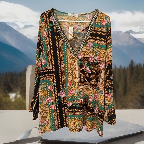 Purple Rain Tops - NWT Purple Rain bellsleeve Floral Print Sequin Beaded Neckline Boho Chic Tunic3X